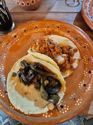 Taco chorizo con papas y alambre con setas, ambos muy ricos   at La Vegan Taqueria in Tulum