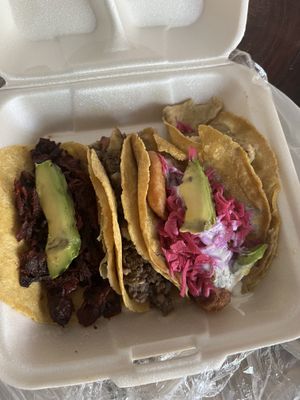 Hibiscus, Lentil and Tofish tacos  at La Vegan Taqueria in Tulum