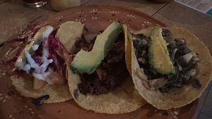 Left to right: Tofish, jamaica pibil, and huitlacoche   at La Vegan Taqueria in Tulum