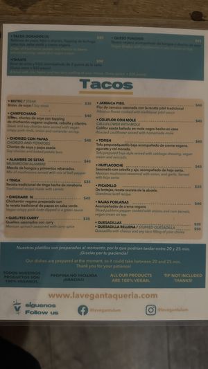 Menu   at La Vegan Taqueria in Tulum