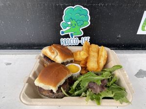 Black Bean & Ripe Plantain Sliderd with Yuca Fries & Mango Ketchup at saVor in San Juan