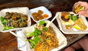 Left to Right: teriyaki broccoli, impossible nuggets, orange cauliflower, veggie (black bean) sliders. Oh my god.   at saVor in San Juan