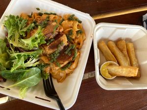 Garbanzo Steak Balsamic Glaze - Almond Pesto
Coliflor - Cashew Carbonara Pasta
Yuca Fries w/ Mango Ketchup
 at saVor in San Juan
