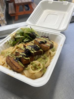 Garbanzo Steaks with Balsamic Jam, Almond Pesto & Coliflor-Cashew Carbonara Rice Noodle  at saVor in San Juan