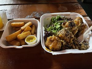 So great! Lots of vegan food and not too expensive! These are the yuca fries and the orange chicken cauliflower with black bean stir fry   at saVor in San Juan