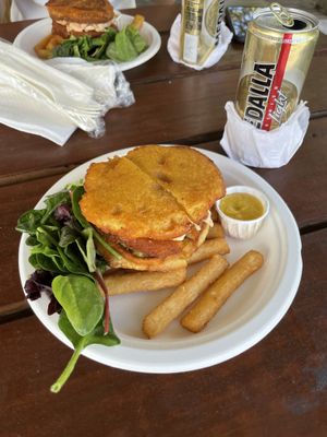 La Bori: impossible chicken patty with cole slaw on a friend Alcapurria bun  at saVor in San Juan
