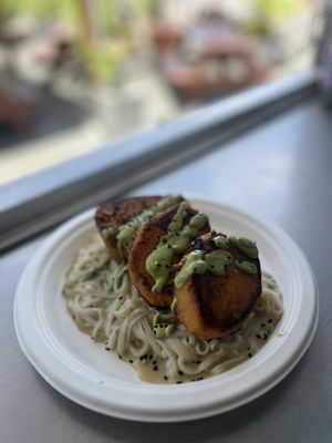 Sweet Potato Medallions with                  Tahini-Cilantro-Lemon Sauce &            Coconut Rice Noodles  at saVor in San Juan