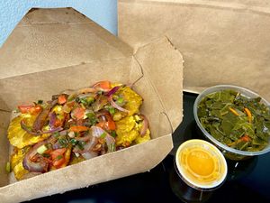 tostones + collard greens (takeout) at Island Soul Rum Bar & Soul Shack in Seattle