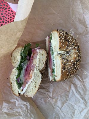 Veggie sandwich with vegan spread at Emerald City Bagels in Atlanta