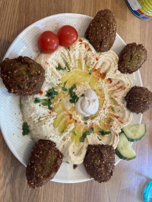 big hummus plate with falafel  at Bounour's in Frankfurt