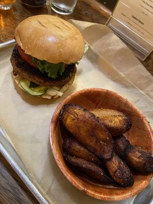 Black bean burger with plantains.   at BakeChop in Deland