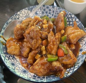 Vegan duck in sweet and sour saucee  at Vegsu in Panama City