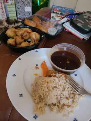 Orange surprise with sauce on the side and inari at Sunflower Vegetarian Restaurant in Vienna