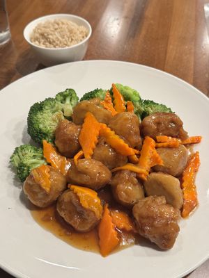 “Chicken” & Broccoli/Carrots with brown ricee  at Sunflower Vegetarian Restaurant in Vienna