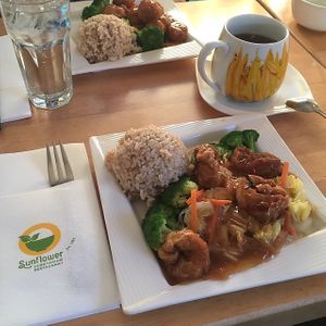 amazing Golden Nugget (close) and General Tso's (far). delicious jujube tea!!  at Sunflower Vegetarian Restaurant in Vienna