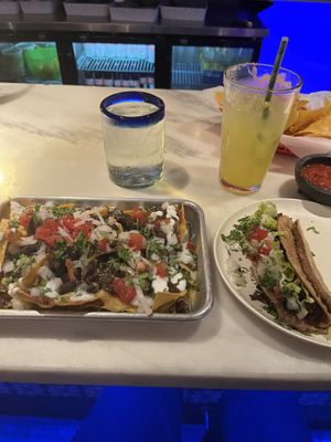 Vegan nachos with black beans & beef/bean crunch taco!  at Diego's Cantina in University City