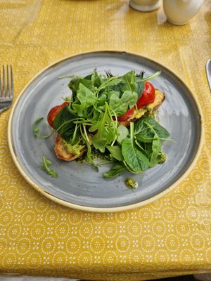Avocado, tomatoes, spinach & walnut pesto on toast at Hazelmere in Grange-over-sands