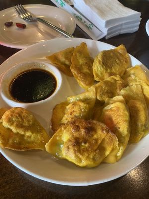Carrot Dyed Vegan Dumplings - pan fried  at Corner 17 in St Louis