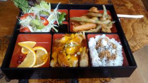 Vegan bento box: vegan duck with a mango sauce, rice, vegetable fritters, green salad, fruits at Little Tokyo in Leeds