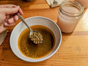 Lentil soup & water of the day (strawberry) at LunchV - Delivery Only in Mexico City