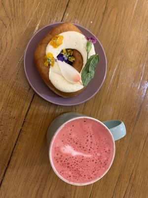 Rose latte with almond milk and doughnut   at Doe Bakehouse - City Centre in York