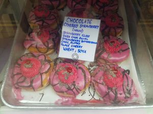 Chocolate covered strawberry donuts at Doe Bakehouse - City Centre in York
