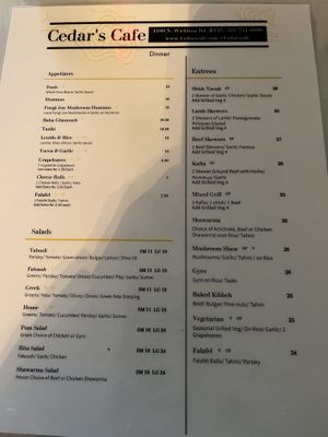 V = vegan, a number of items are vegan and not marked, chef is accommodating, just ask  at Cedars Cafe in Melbourne