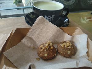 Greek walnut sweet and matcha latte at City Bliss in Athens