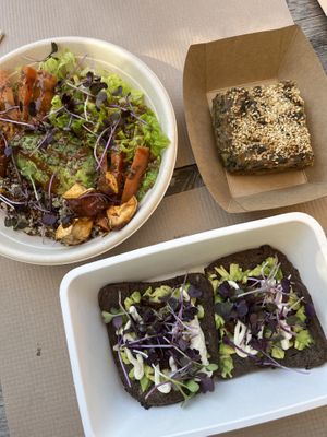 One of the bowls, the spinach pie and avocado bread   at City Bliss in Athens