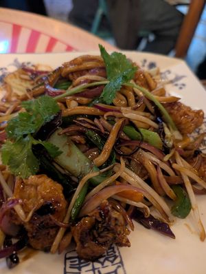 Mock chicken yaki soba at Michael Wan's Wok Inn in Blackpool
