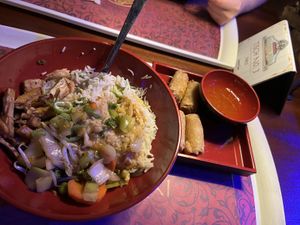 Bowl mit Reis, Gemüse, veganem Hähnchen, Erdnusssoße und FrühlingsrolleBowl  at Europa Park - Bamboe Baai in Rust