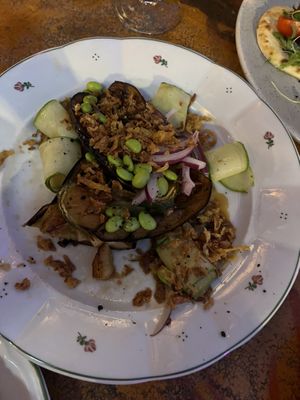 Miso aubergine with crispy onions and edamame   at Diferent in Mallorca