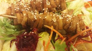 soy skewers - a heavenly starter! at Vegan City - Husitska in Prague