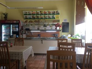 Inside the restaurant looking at the buffet at Vegan City - Husitska in Prague
