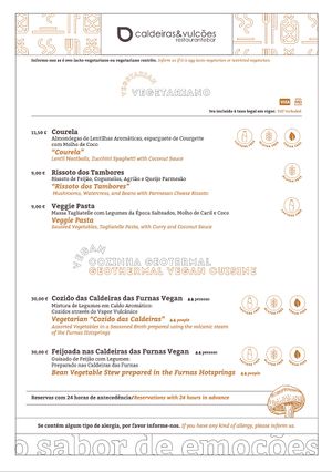 Menu page with vegan and vegetarian options at Caldeiras & Vulcoes in Sao Miguel