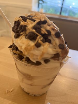 Soft serve vanilla/chocolate ice cream with chocolate chips and coconut flakes   at Plant City X in Warwick