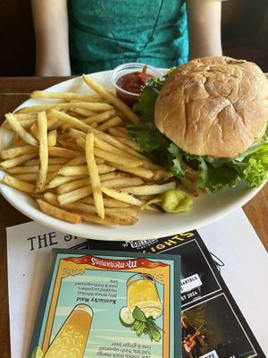 Mystic 18 burger (vegan as-is) and fries. (I know this looks like it’s just lettuce but there is a fat patty, melted chao cheese, and all the fixings in there too!)  at McMenamins  in Olympia