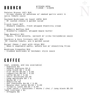 Brunch menu at Noble Perth in Subiaco