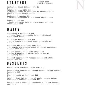 Main menu at Noble Perth in Subiaco