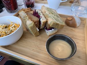Brunch menu (sando sandwich with seitan, pickled salad, almond filled mochi and sesame dipping)  at brEAThe Restaurant | Sushi végétal à Paris in Paris