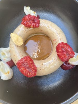 Almond, raspberry and litchi dessert  at brEAThe Restaurant | Sushi végétal à Paris in Paris