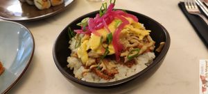 DONBURI FROID Medium : Rice bowl, crispy seitan,
Le Papondu "omelette" and smoked eggplant cream at brEAThe Restaurant | Sushi végétal à Paris in Paris