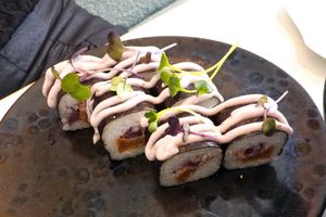 Poire pochée au vin rouge at brEAThe Restaurant | Sushi végétal à Paris in Paris