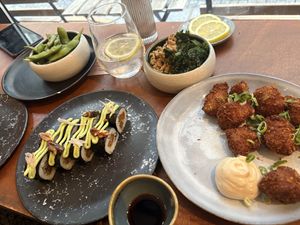 Seitan balls, mushroom sushi, don buri and edamame   at brEAThe Restaurant | Sushi végétal à Paris in Paris