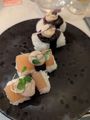 Plum & wasabi nigiri (background), lacquered daikon nigiri (foreground) at brEAThe Restaurant | Sushi végétal à Paris in Paris