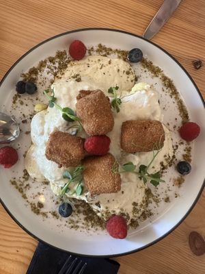 Cauliflower steak with fried cashew cheese and a delicious white sauce.  at A Bruxa D'Évora in Evora