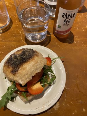 vegan sandwich with tomato tapenade, tomato, rucula, capsicum and olives   at Broder Jakobs Stenugnsbageri in Lund
