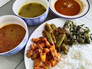 Vegetarian set meal with 3 types of vegetables and 3 types of curry $6 at Murugan Vilas Idly Shop in West Singapore