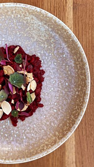 Delicious beetroot pearl barley risotto with a heart of whipped (plant based) feta. Featuring on the November menu. My favorite dish so far.  at Table 13 in Wheatley