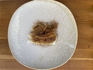 Salt baked celeriac slices, truffled cream cheese, roasted dates, Granny Smith apple batons, cep and coffee powder. at Table 13 in Wheatley